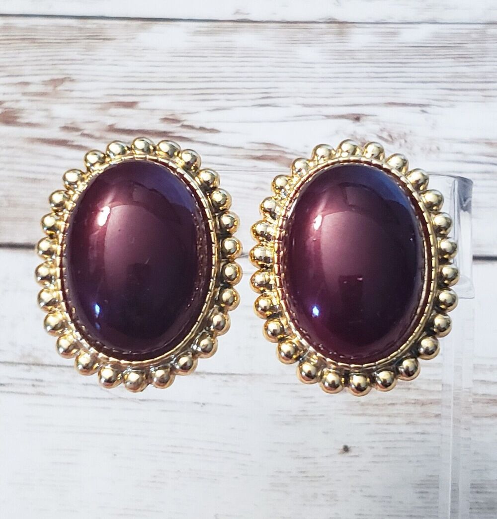 Vintage Clip On Earrings Large Chunky Statement Brown with Gold Tone Halo